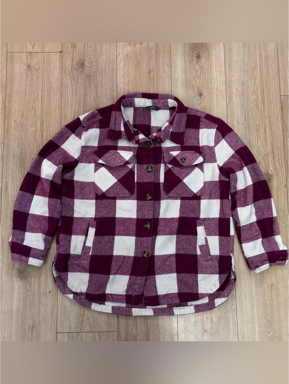 Plaid Button-Down Shirt Jacket in Burgundy and White